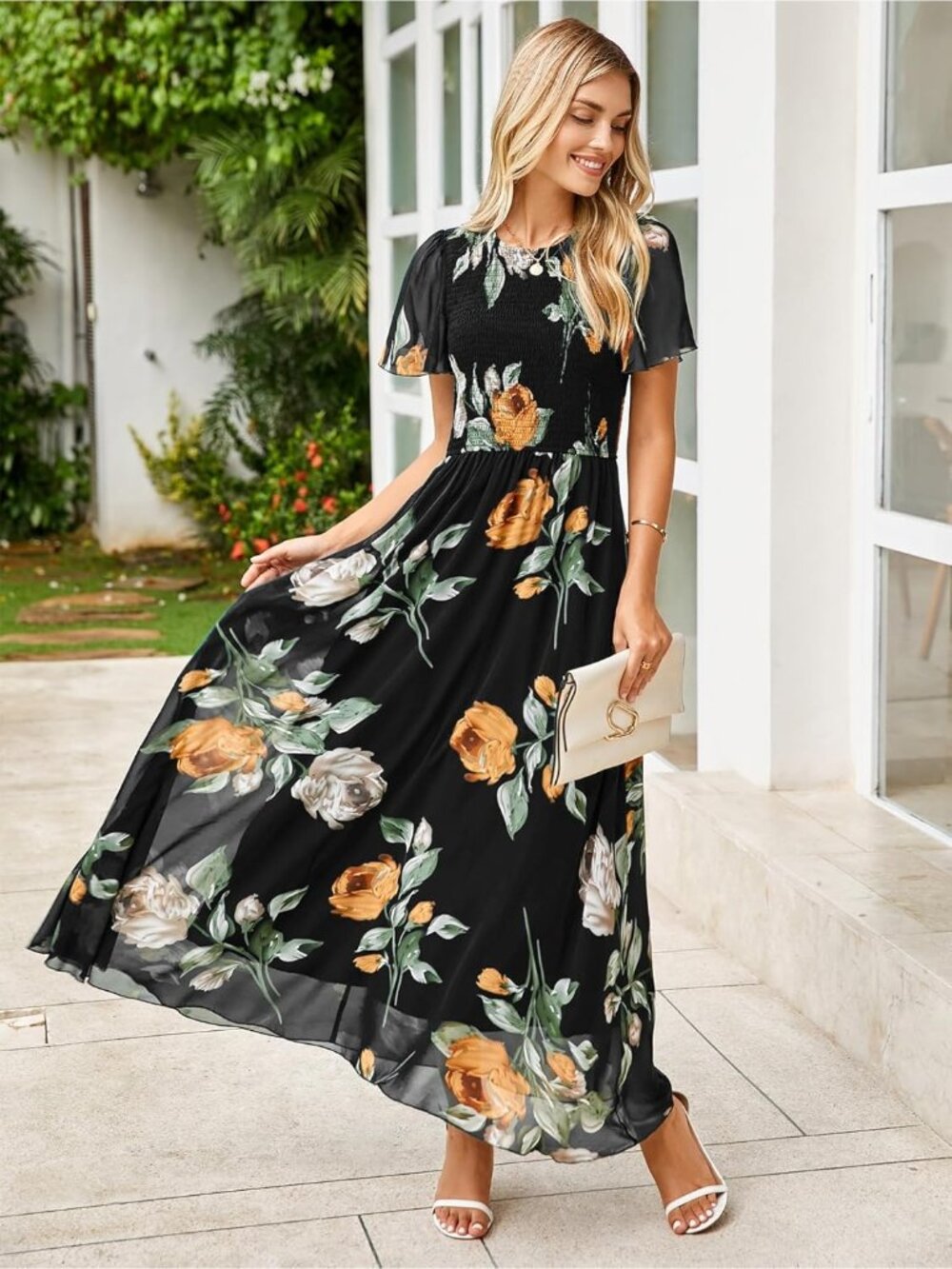 Women's Black Crew Neck Floral Boho Flowy Short Sleeve Cocktail Maxi Dress - Picture 2 of 6
